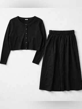 Black Cropped Button Cardigan & Midi Skirt Set